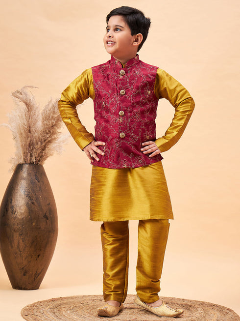 Boy's Maroon Woven Jacket With Mustard Kurta And Pyjama Set