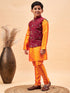 Boy's Maroon Nehru Jacket With Orange Kurta And Pyjama Set
