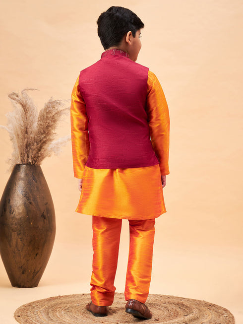 Boy's Maroon Nehru Jacket With Orange Kurta And Pyjama Set