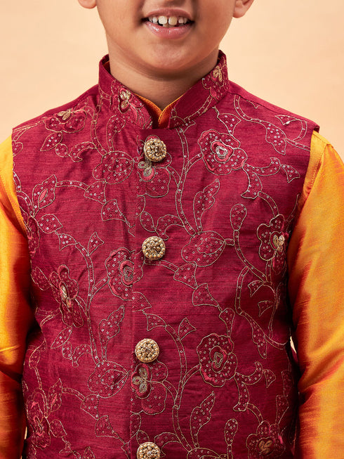 Boy's Maroon Nehru Jacket With Orange Kurta And Pyjama Set