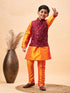 Boy's Maroon Nehru Jacket With Orange Kurta And Pyjama Set