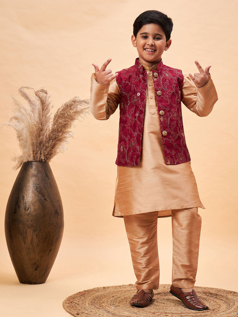 Boy's Maroon Woven Jacket With Rose Gold Kurta And Pyjama Set