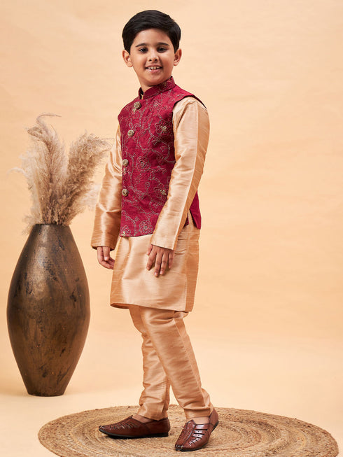 Boy's Maroon Woven Jacket With Rose Gold Kurta And Pyjama Set