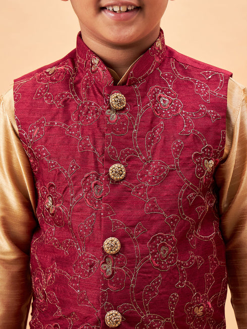 Boy's Maroon Woven Jacket With Rose Gold Kurta And Pyjama Set