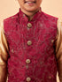Boy's Maroon Woven Jacket With Rose Gold Kurta And Pyjama Set
