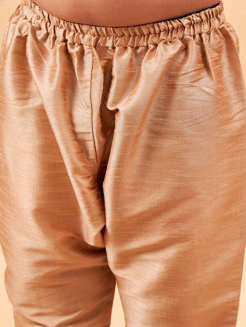 Boy's Maroon Woven Jacket With Rose Gold Kurta And Pyjama Set