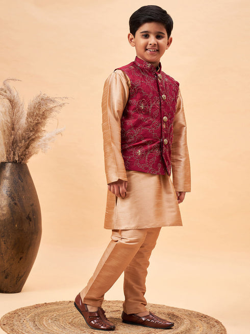 Boy's Maroon Woven Jacket With Rose Gold Kurta And Pyjama Set