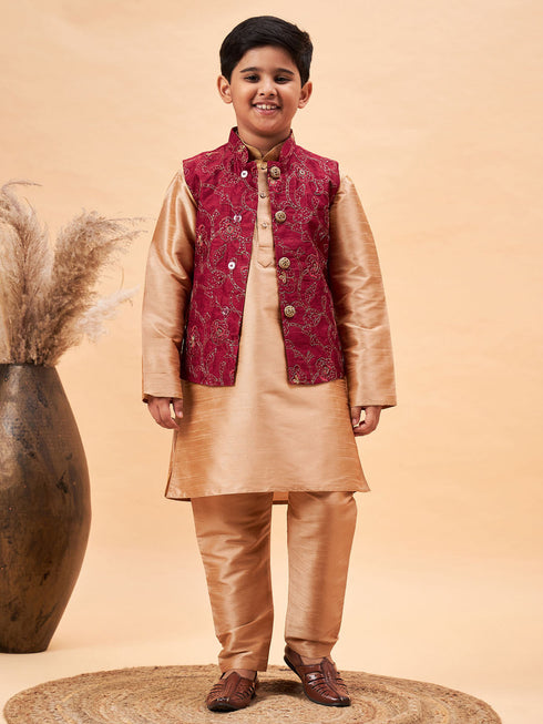 Boy's Maroon Woven Jacket With Rose Gold Kurta And Pyjama Set