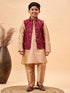 Boy's Maroon Woven Jacket With Rose Gold Kurta And Pyjama Set