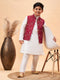 Boy's Maroon Nehru Jacket With White Kurta And Pyjama Set