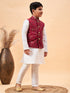 Boy's Maroon Nehru Jacket With White Kurta And Pyjama Set