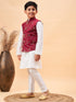 Boy's Maroon Nehru Jacket With White Kurta And Pyjama Set