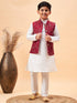 Boy's Maroon Nehru Jacket With White Kurta And Pyjama Set