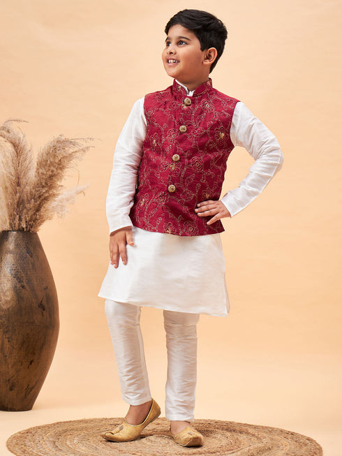 Boy's Maroon Nehru Jacket With White Kurta And Pyjama Set