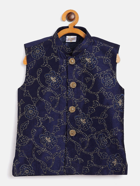 Boy's Navy Blue Silk Blend Embroidered Nehru Jacket