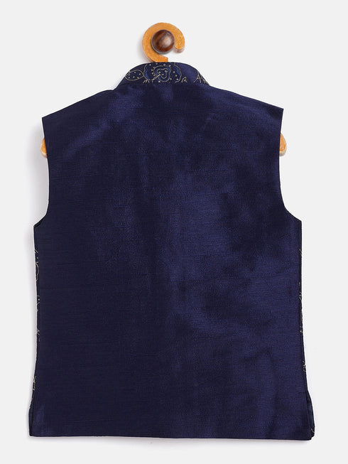 Boy's Navy Blue Silk Blend Embroidered Nehru Jacket