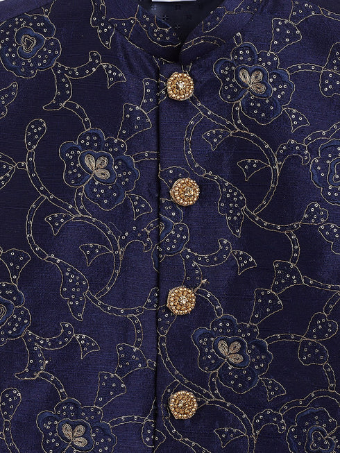 Boy's Navy Blue Silk Blend Embroidered Nehru Jacket