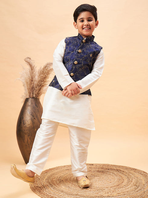 Boy's Navy Blue Nehru Jacket With Cream Kurta And Pyjama Set