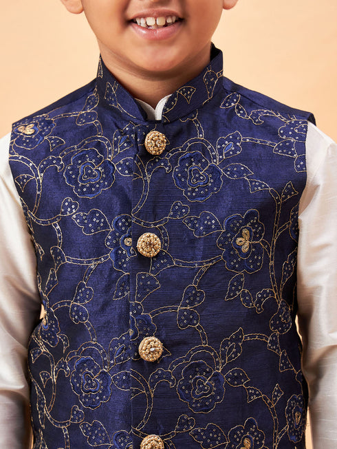 Boy's Navy Blue Nehru Jacket With Cream Kurta And Pyjama Set