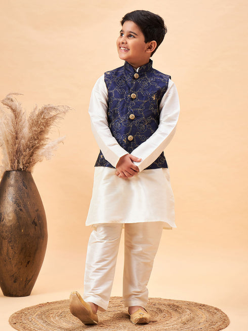Boy's Navy Blue Nehru Jacket With Cream Kurta And Pyjama Set