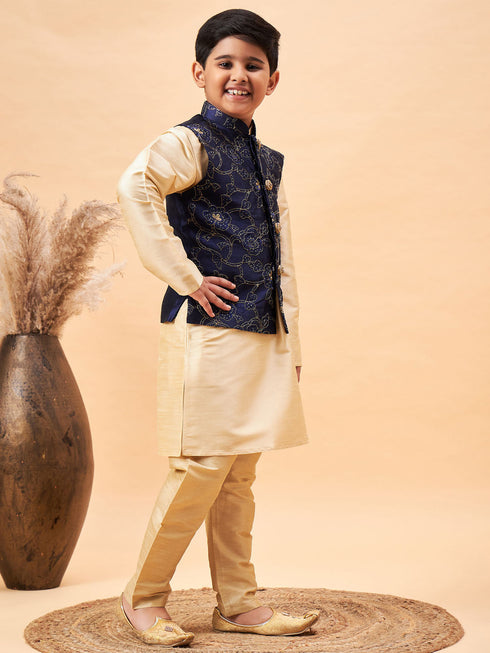 Boy's Navy Blue Nehru Jacket With Gold Kurta And Pyjama Set