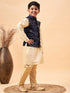Boy's Navy Blue Nehru Jacket With Gold Kurta And Pyjama Set