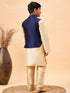 Boy's Navy Blue Nehru Jacket With Gold Kurta And Pyjama Set