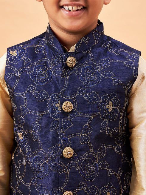 Boy's Navy Blue Nehru Jacket With Gold Kurta And Pyjama Set