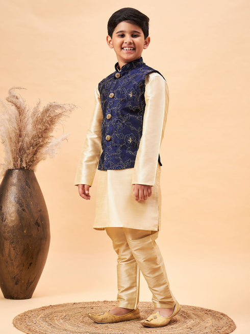 Boy's Navy Blue Nehru Jacket With Gold Kurta And Pyjama Set
