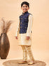 Boy's Navy Blue Nehru Jacket With Gold Kurta And Pyjama Set