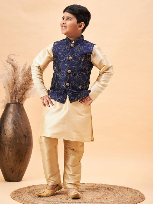 Boy's Navy Blue Nehru Jacket With Gold Kurta And Pyjama Set