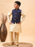 Boy's Navy Blue Nehru Jacket With Gold Kurta And Pyjama Set