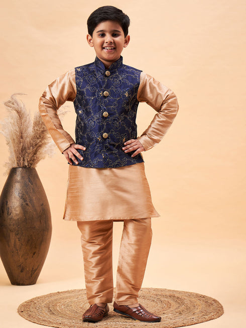 Boy's Navy Blue Nehru Jacket With Rose Gold Kurta And Pyjama Set