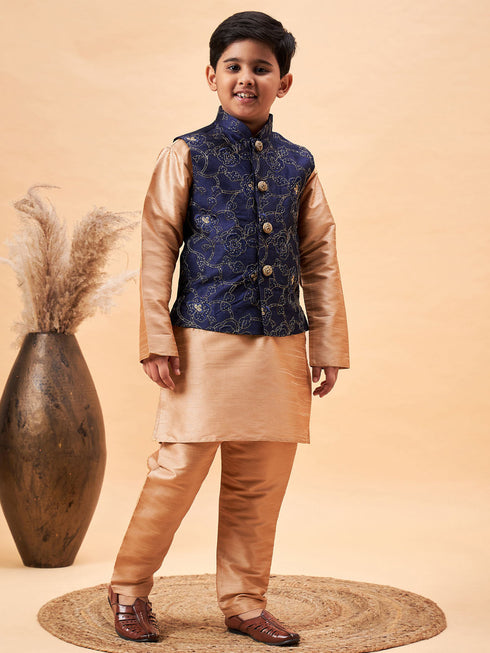Boy's Navy Blue Nehru Jacket With Rose Gold Kurta And Pyjama Set
