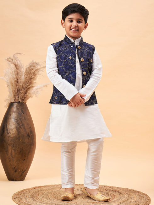 Boy's Navy Blue Nehru Jacket With White Kurta And Pyjama Set