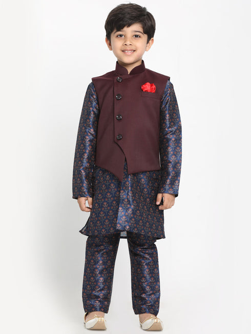 Boy's Maroon Twill Jacket, Printed Kurta And Pyjama Set