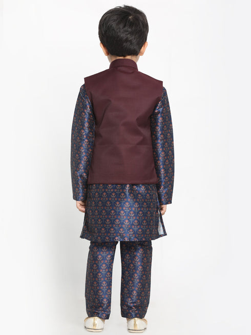 Boy's Maroon Twill Jacket, Printed Kurta And Pyjama Set