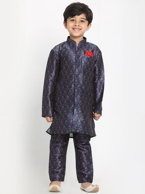 Boy's Maroon Twill Jacket, Printed Kurta And Pyjama Set