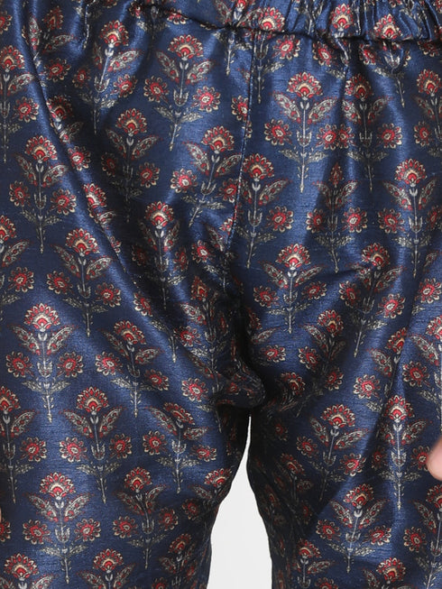 Boy's Maroon Twill Jacket, Printed Kurta And Pyjama Set