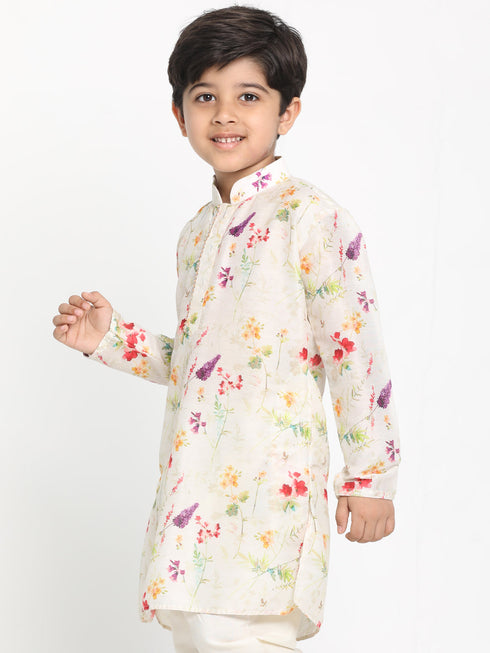 Boy's Multicolor-Base-Cream Cotton Blend Printed Kurta