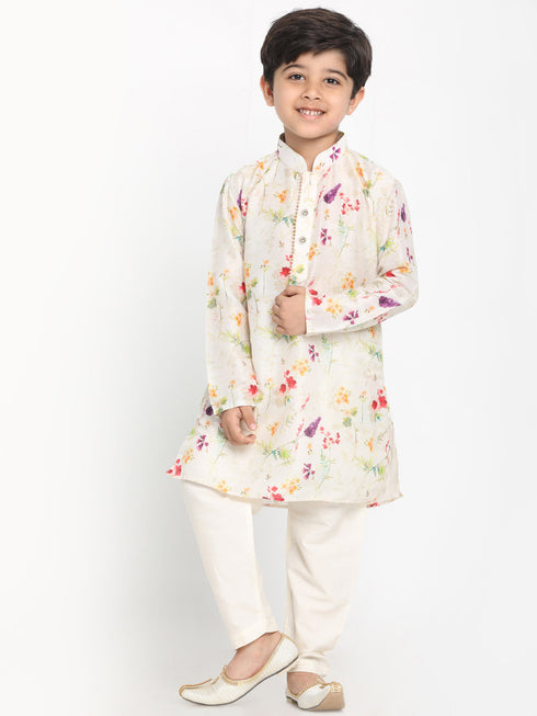 Boy's Multicolor-Base-Cream Cotton Blend Printed Kurta