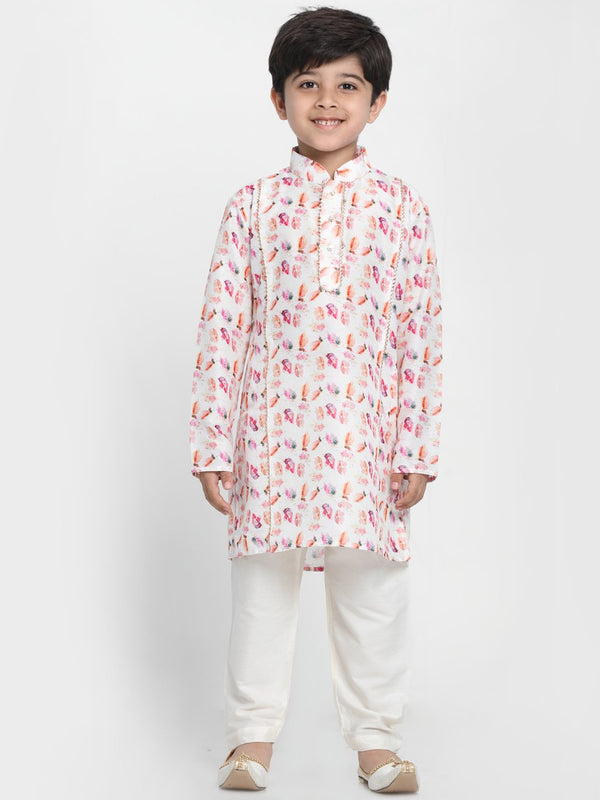 Boy's Multicolor-Base-White Cotton Blend Kurta and Pyjama Set