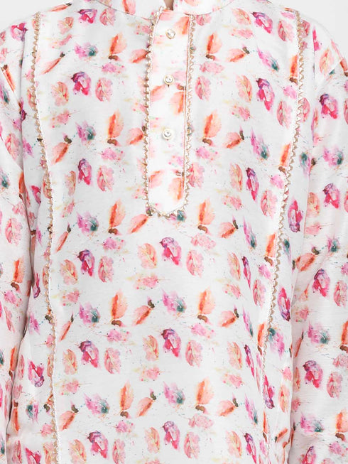 Boy's Multicolor-Base-White Cotton Blend Kurta and Pyjama Set