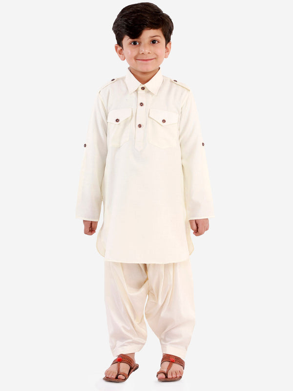 Boy's Cream Cotton Blend Pathani Suit Set