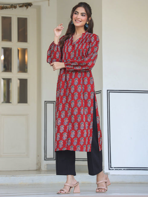 Maroon Cotton Floral Print Flared Kurta