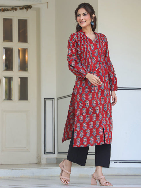 Maroon Cotton Floral Print Flared Kurta