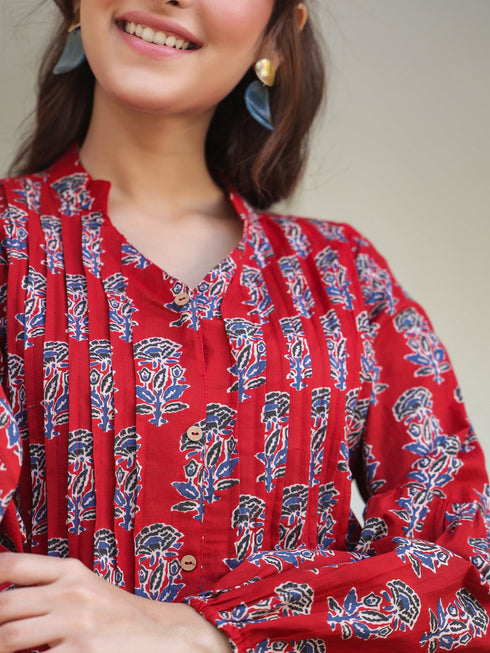 Maroon Cotton Floral Print Flared Kurta