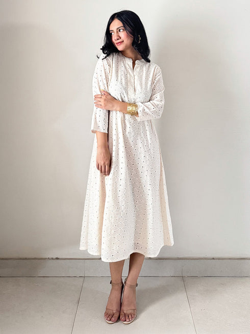 Janasya Women's Off White Pure Cotton Schiffli A-line Dress