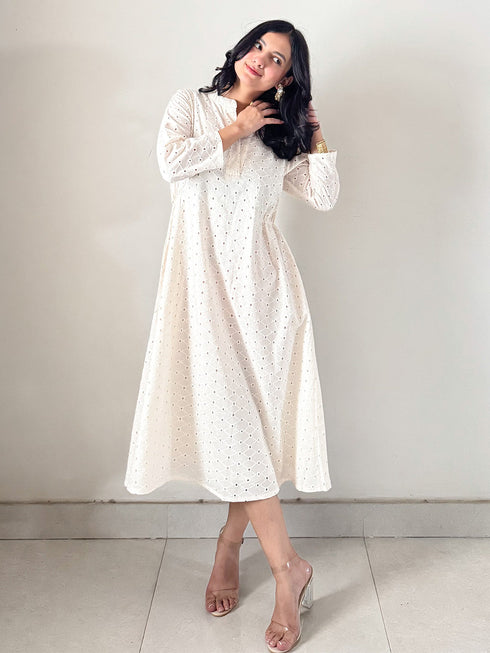 Janasya Women's Off White Pure Cotton Schiffli A-line Dress