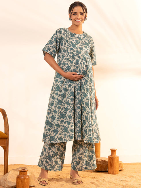 Beige Cotton Floral Printed Maternity Kurta with Palazzo